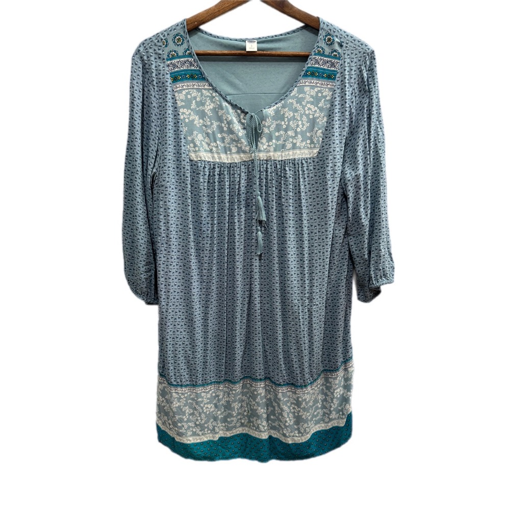 Old Navy Tunic Top Womens Large Blue Excellent Boho Mixed Print Tassel Tie L